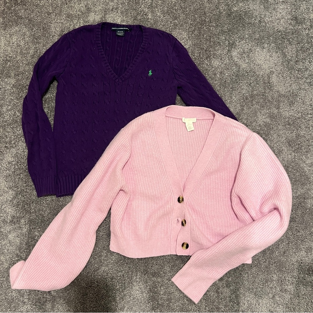 Pink & Purple V-Neck Sweater Classic Knit Bundle